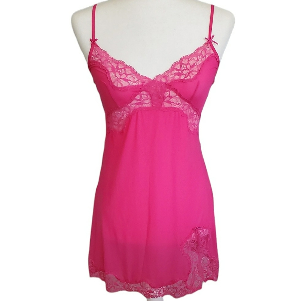 Vintage Victoria's Secret Y2K Electric Pink Sheer Slip Dress - small